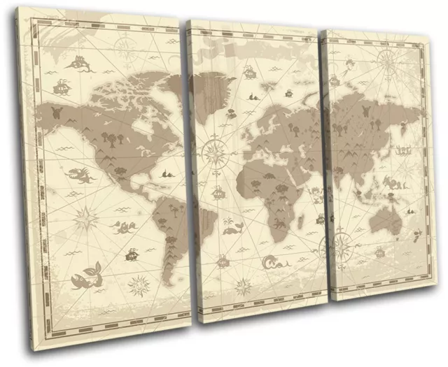 World Map Atlas Globe Sea Creatures Vintage Retro Cream Brown Canvas Art Print