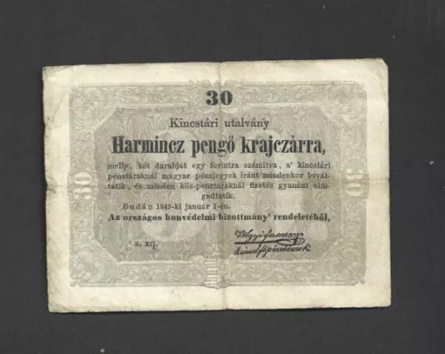 30 Pengo Kreutzer  Fine   Banknote From Hungary 1849  Pick-S122  Rare