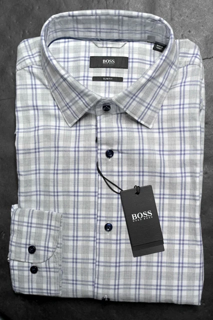 Chemise Hugo Boss Homme Slim Fit Carreaux Violet - Taille 39 M, Manches Longues, Occasion Très Bon État