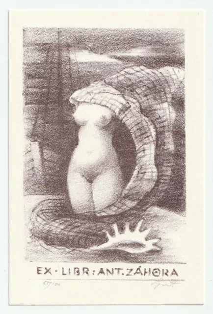 LADISLAV LAPACEK: Exlibris fürAnt. Zahora, weiblicher Akt, Muschel Schiff