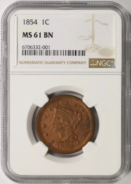 1854 Large Cent Braided Hair 1c NGC MS61 BN