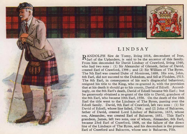 Lindsay. Scotland Scottish clans tartans arms 1957 old vintage print picture