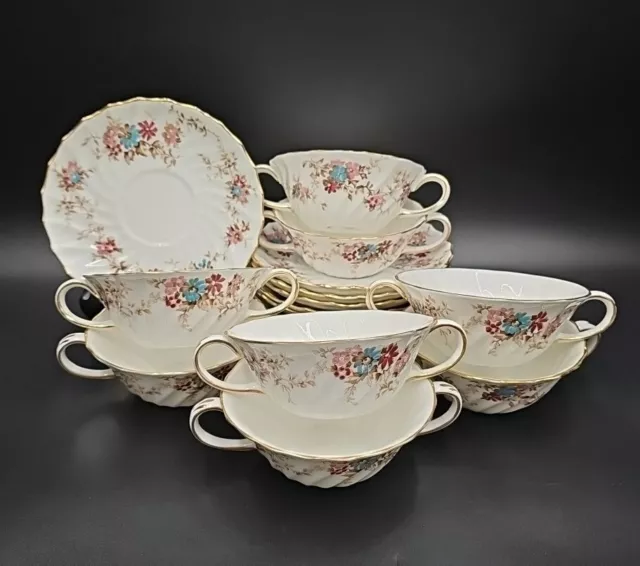 Crown Staffordshire ELIZABETHAN Set/8 Flat Cream Soup Bowl & Saucer Sets MINT