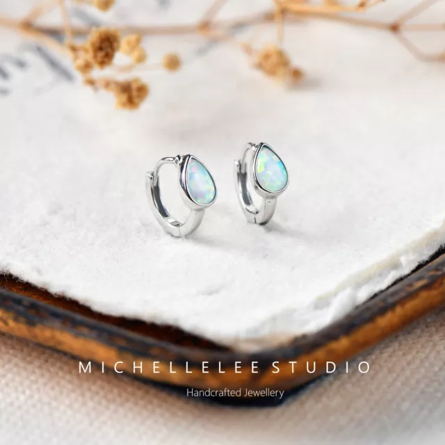 Minimalist White Opal Droplet Huggie Hoop Earrings in Sterling Silver