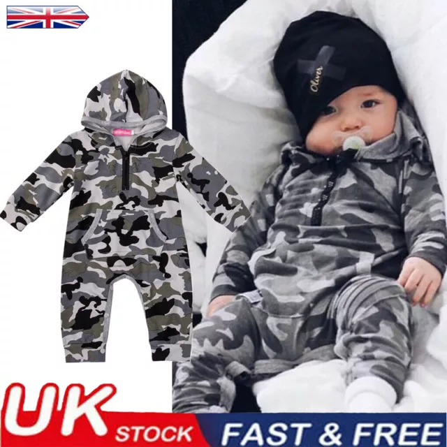 UK Newborn Baby Boy Girl Kids Camo Hooded Romper Jumpsuit Outfit Clothes Outfits