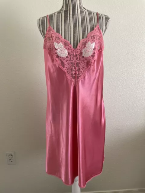 Vintage Wendy Ann Pink Coquette Barbie Slip Dress Floral Lace Lingerie Sz XL