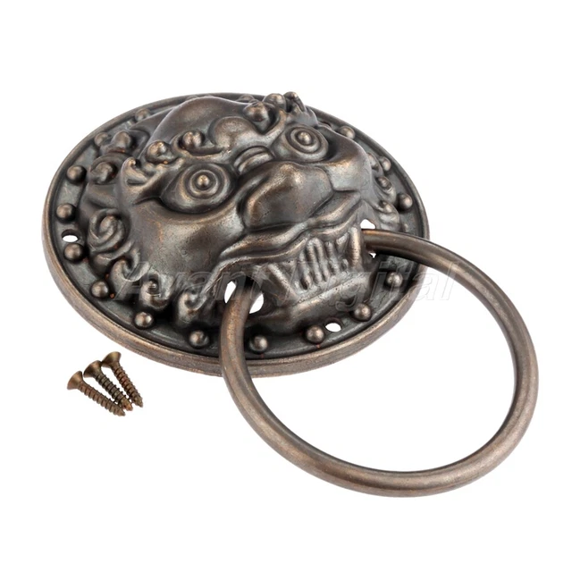 Antique Brass Cabinet Knob Lion Head Drop Ring Dresser Drawer Door Pull Decor