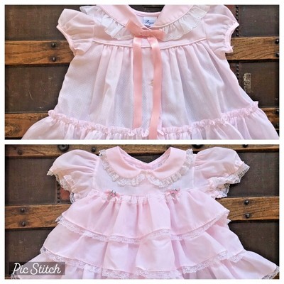 Vintage LOT of 2 Baby Girl's Dresses Pink Lace Ruffles 3m Bryan Alexis Lace Dots