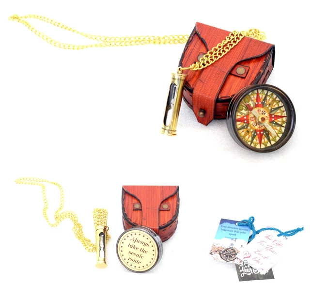 Handmade Antique Brass Pocket Directional Compass FREE Sand Timer Necklace Gift