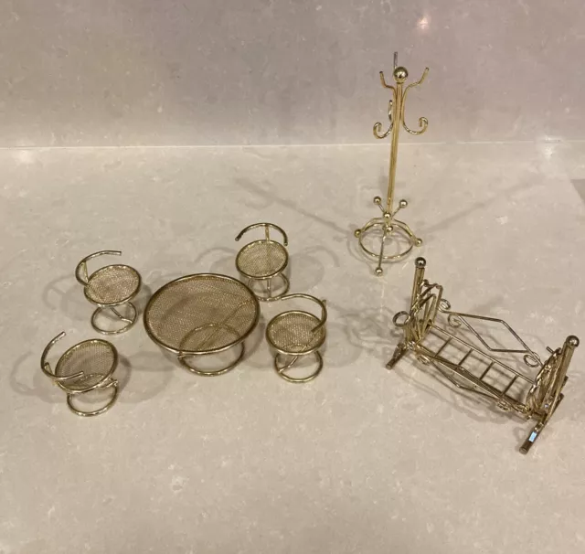 Vintage Dollhouse Miniatures Brass Swanky Table Set, Coat Rack, Crib