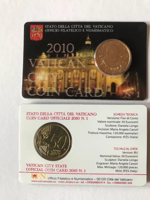 2010:Coin card 0,50 euro: Vaticano Official Vatican City Coin Card N°1:LEGGI!