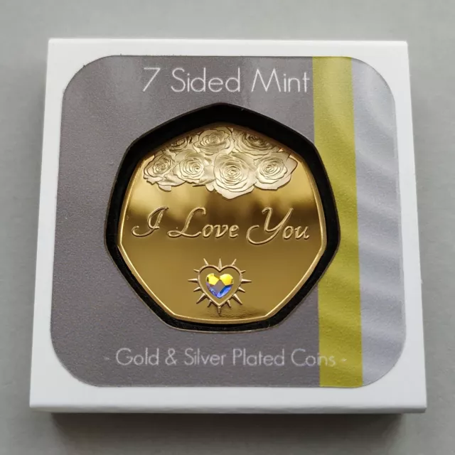 'I Love You' Gold Plated Coin + Crystal - Gift / Valentines Rose