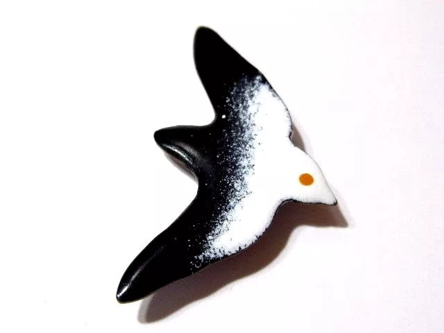 Copper Enamel Bird Seagull Black And White Vintage Pin Brooch Mid Century