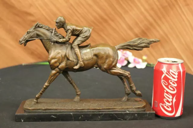Horse Racing Fan Thoroughbred Horse Jockey Racetrack Bronze Statue Sculpture Art 3