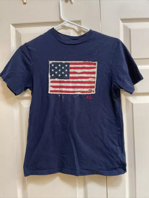 Polo Ralph Lauren T-Shirt Youth M Navy Blue USA Flag Short Sleeve MEDIUM 10/12