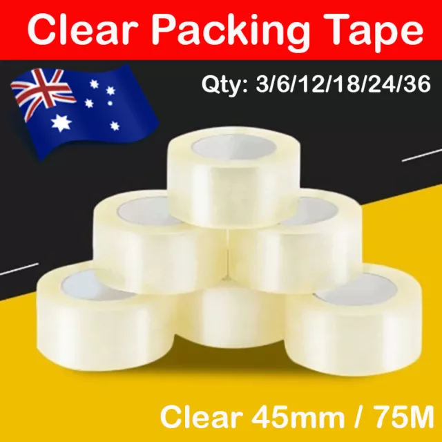 Clear Packaging Tape Sticky Rolls Packing Boxes Cartons 75 metre x 45mm 45um