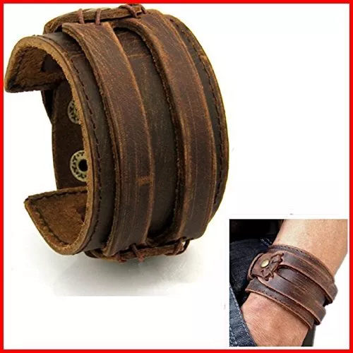 BRACELET CUIR HOMME FORCE MANCHETTE BRUN MARRON ANTIQUE ROCK - idée cadeau