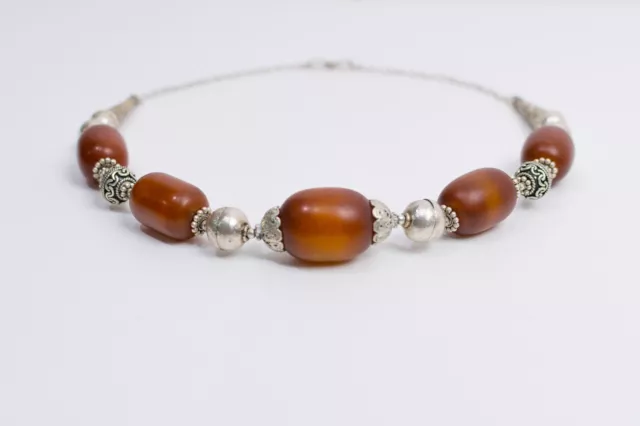 Exquisite, antique Yemeni old silver and brown amber beads necklace - Free Post