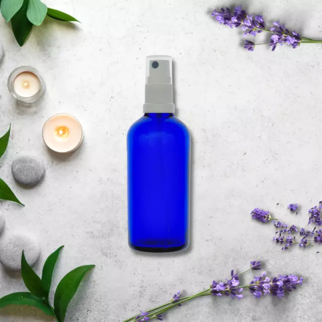 Elegant Blue Glass Bottles, White Finger Sprays: Gifting, Beauty, Aromatherapy