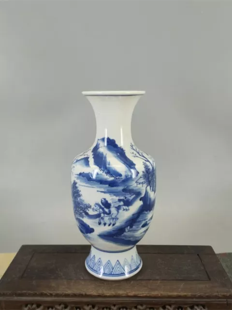 Chinese Porcelain Qing Dynasty Kangxi Blue and White Landscape Vase 8.66 Inch