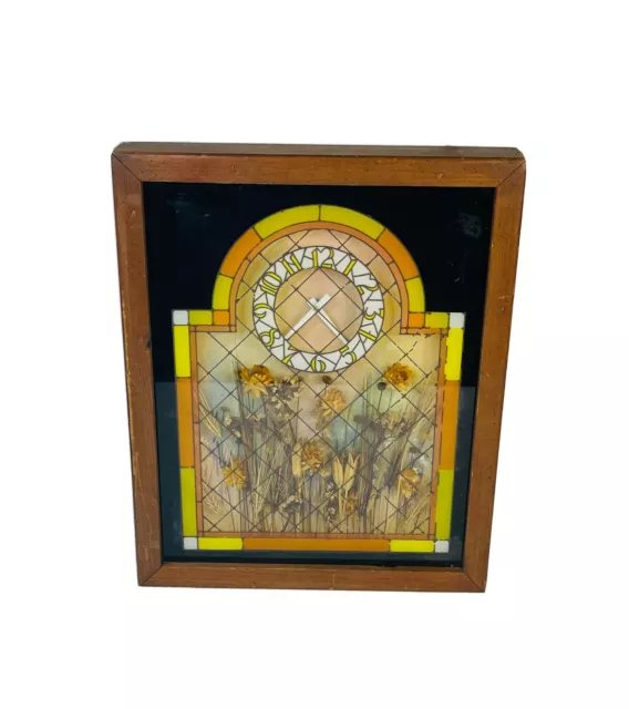 VTG 70s Boho Stained Glass Country Floral Shadow Box Wood Frame Wall Clock