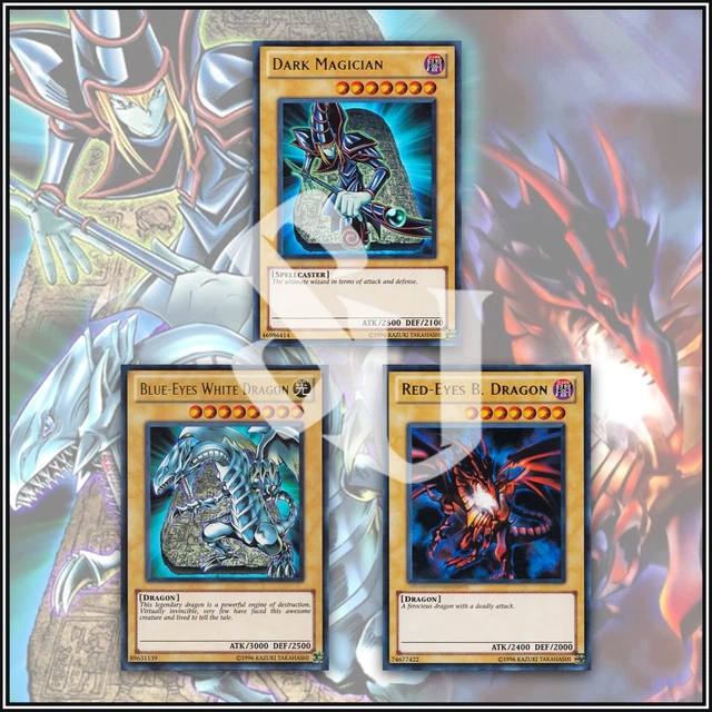 Yu-Gi-Oh! 3-Card Set: Blue-Eyes White Dragon 1st Ed (LDK2) + Dark Magician & Red-Eyes B. (LC01) – Near Mint