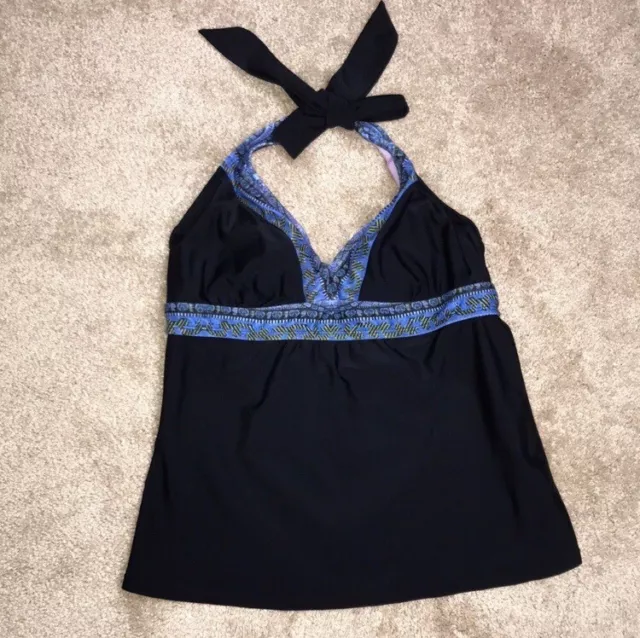 Athleta Women’s Black Patterned Trim Halter Tankini Swim Top Sz 36 B / C