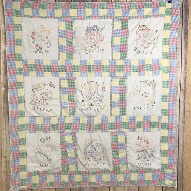 Edredón para bebé vintage hecho a mano ahora me acuesto a dormir 34"" X 37"" colores primarios