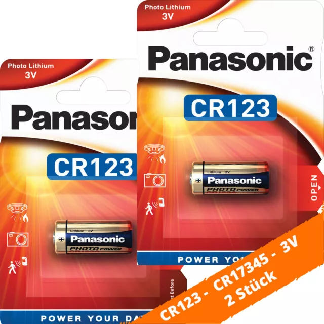 2 x Panasonic CR123A CR17345 Photo Lithium Batterie 3V ø17x34,5mm Blister