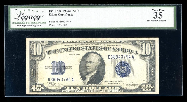 DBR 1934-C $10 Silver Fr. 1704 Legacy 35 Serial B38943794A