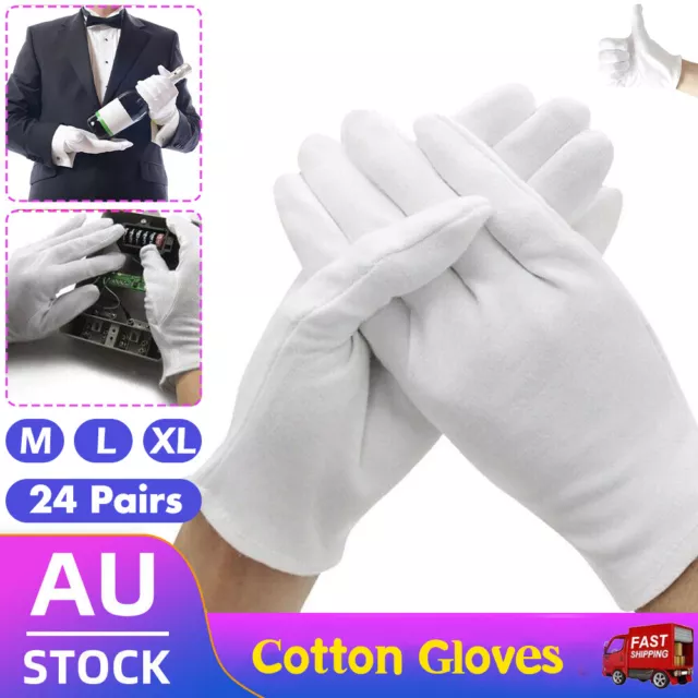 24 Pairs Hands Protector Soft Costume Jewellery Cotton White Gloves - Large AU