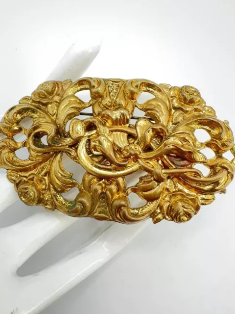 Vintage Art Nouveau Brass Gold Flower Brooch Repousse 3” X 2”!!