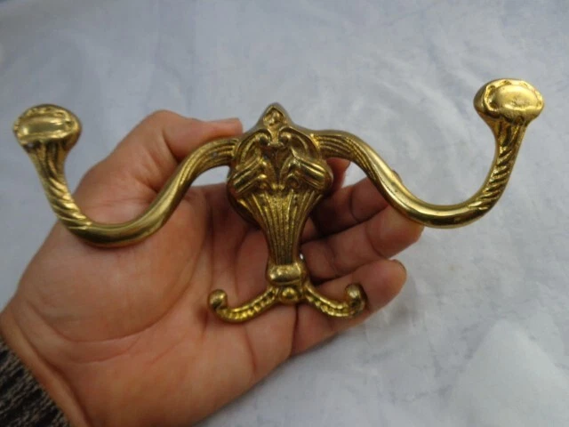 HAT COAT HOOK Large Victorian Double Solid Brass Hall Tree, Rack Mount Vintage