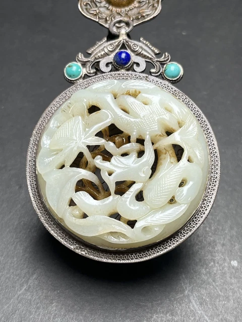Chinese Exquisite Handmade Silver inlay dragon carving Hetian Jade Pendant