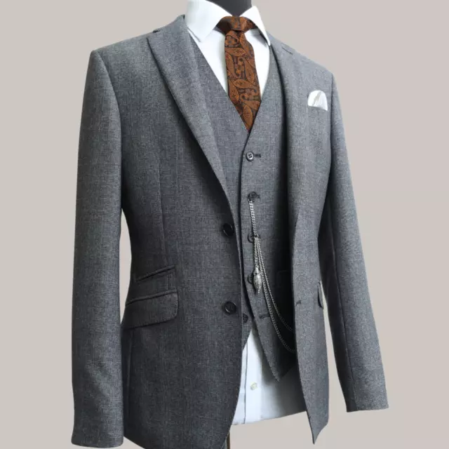 Mens 3 Piece Suit Grey Check Wool Slim Fit Vintage Wedding