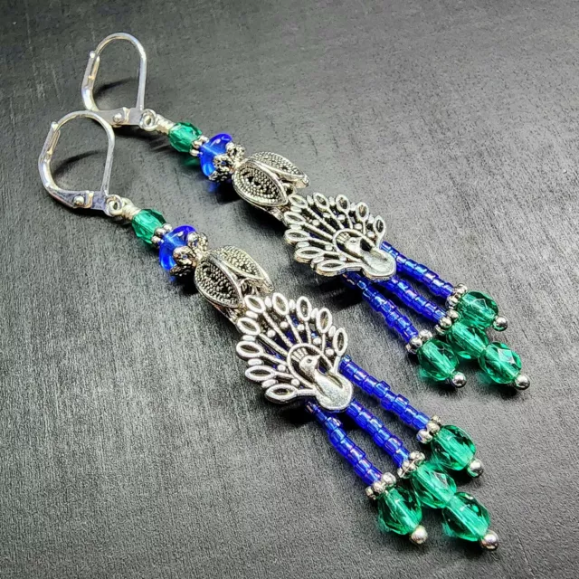 Peacock Plume Fringe Earrings • Woodland Bird Earrings • Long Seed Bead Earrings