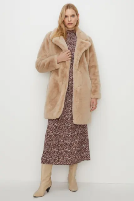 OASIS Womens Recycled Faux Fur Collared Long Coat Camel SIZE UK-10 EU-38 NEW