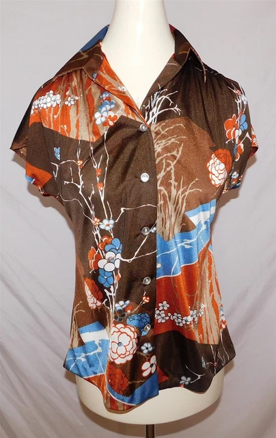 NAPILI HAWAII Brown Orange Blue Hawaiian Polyester Blouse Shirt Floral Sz P Vtg