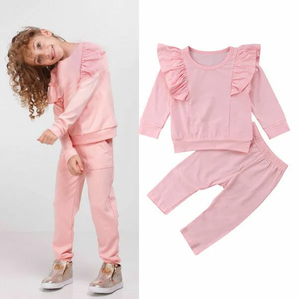Toddler Kids Baby Girls Ruffle Tops +Pants Pink Outfits Clothes Tracksuit