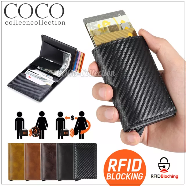 Men's RFID Blocking Card Holder Slim Leather ID Wallet Credit Carbon Fiber Purse