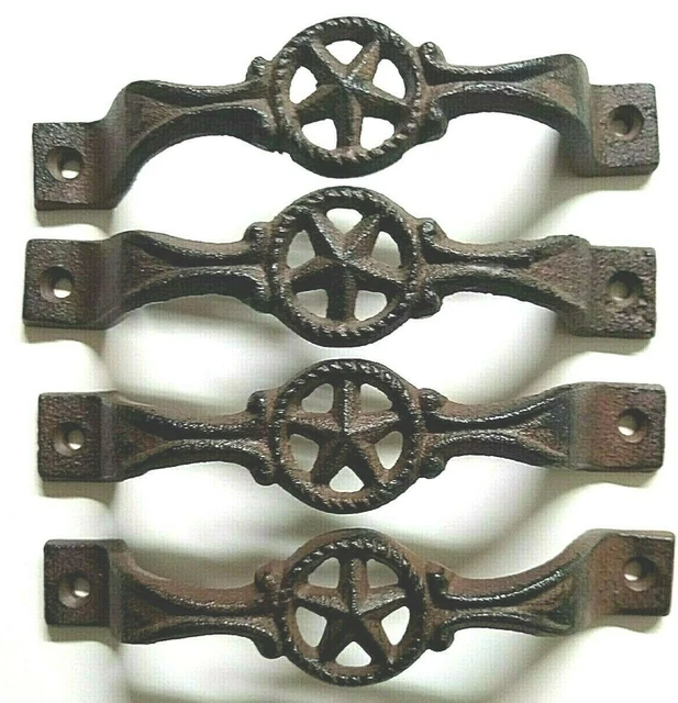 4 Rustic Antique Style Cast Iron Star Handle Pull Screws Drawer Door Gate Shed