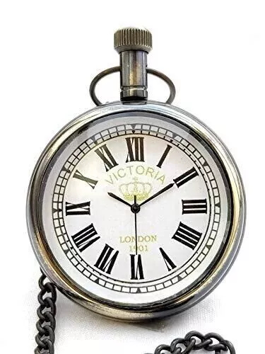 Reloj de bolsillo analógico de latón de estilo antiguo con cadena y números...