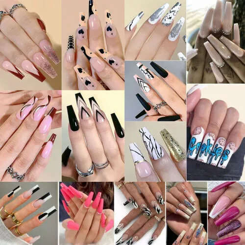 24 PIEZAS Punta de uña falsa ataúd francés cubierta completa prensa de uñas falsa sobre manicura
