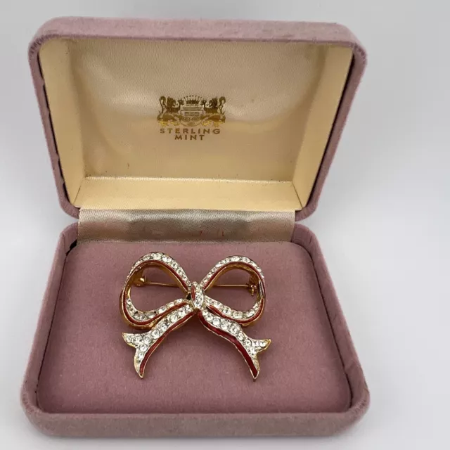 GENUINE 1980/90's CRYSTAL ENAMEL BOW BROOCH COMMEMORATES QUEEN MOTHER Gold Tone