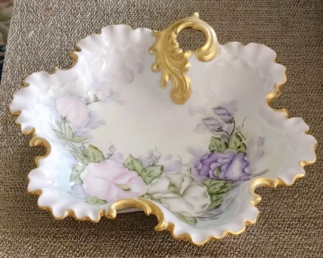 Antique French Rococo Hand Painted Artist Signed Floral Candy Or Vanity Dish