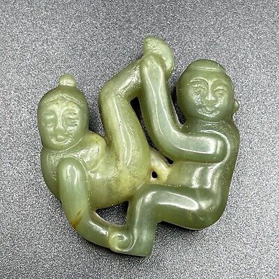 Beautiful Natural Green Old Jade Stone Carved 2 Erotic Sexual Figure Amulet