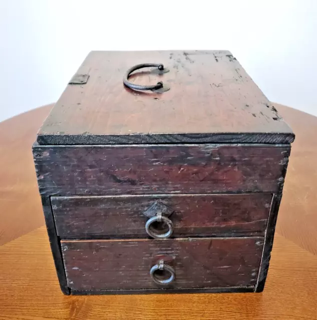 Japanese antique Edo period wooden inkstone box chest of drawers with 2 drawers. 3