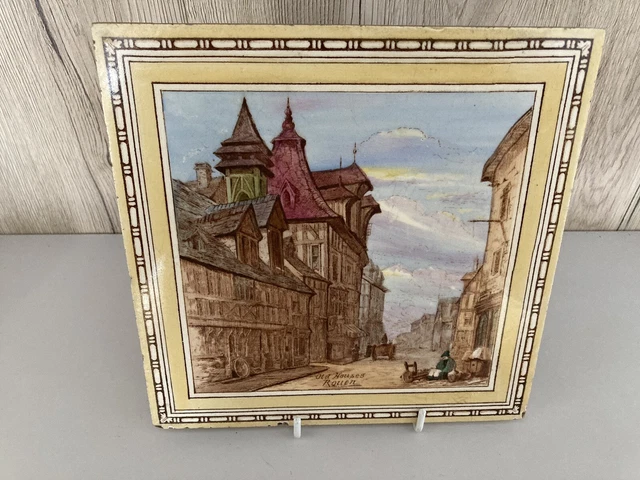 Antique Victorian 8" Mintons Views Tile  - Old Houses Rouen -  C.1885 Colour