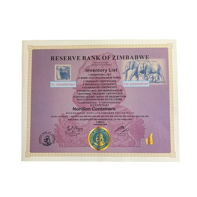 1pc Nonillon Containers Zimbabwe Voucher 54 Zeros Paper Certificate Scorll Gift