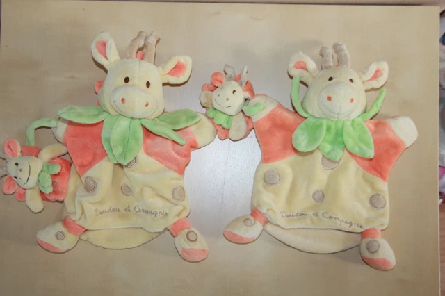 DOUDOU ET COMPAGNIE GIRAFE JAUNE VERT ORANGE  BEBE MARIONNETTE lot 2 etat neuf